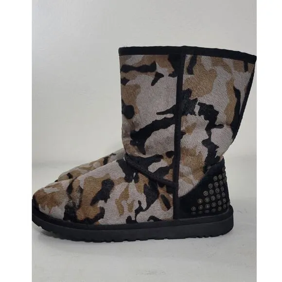 Ugg Boots Womens 8 Rowland Camo Calf Hair Leather Sheepskin Studded Boots RARE