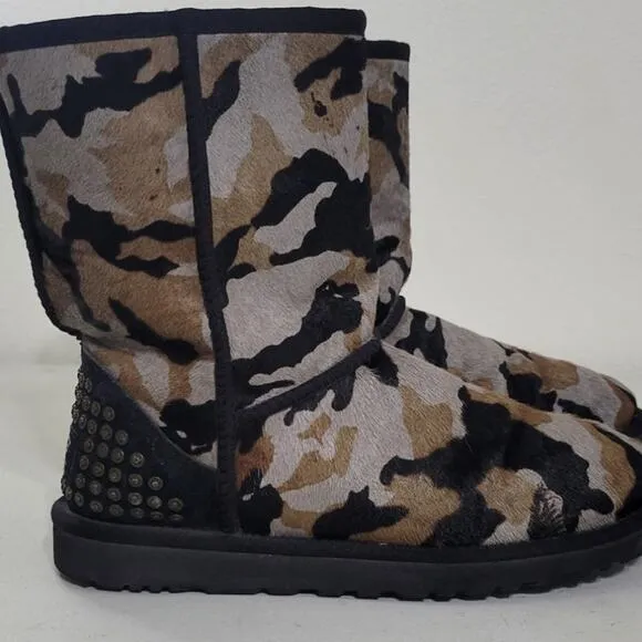 Ugg Boots Womens 8 Rowland Camo Calf Hair Leather Sheepskin Studded Boots RARE