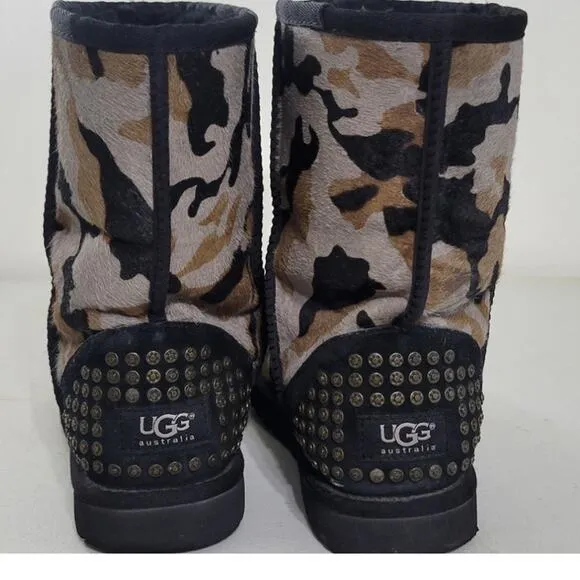 Ugg Boots Womens 8 Rowland Camo Calf Hair Leather Sheepskin Studded Boots RARE