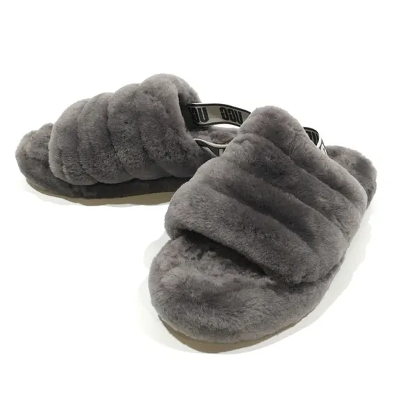 UGG Fluff Yeah Slide Slipper Sandals -Charcoal Sheepskin -Youth US 5 -NEW