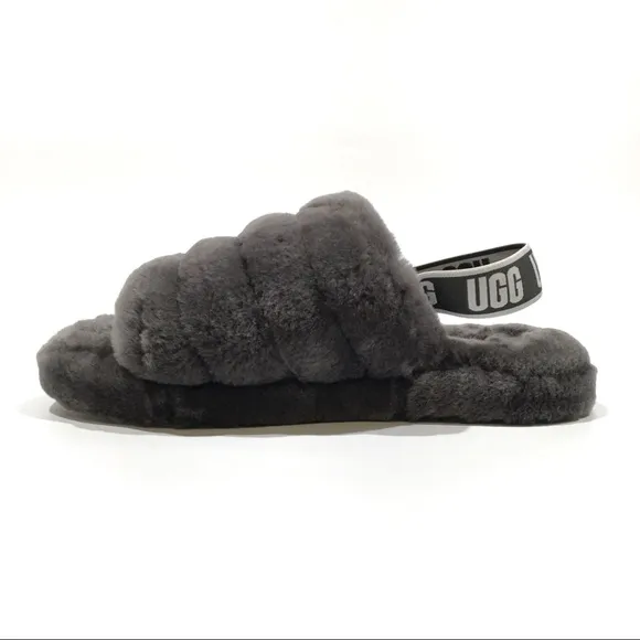 UGG Fluff Yeah Slide Slipper Sandals -Charcoal Sheepskin -Youth US 5 -NEW