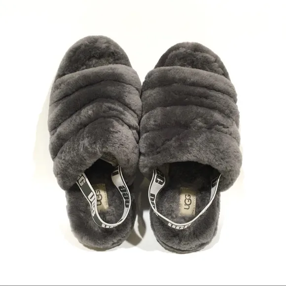 UGG Fluff Yeah Slide Slipper Sandals -Charcoal Sheepskin -Youth US 5 -NEW