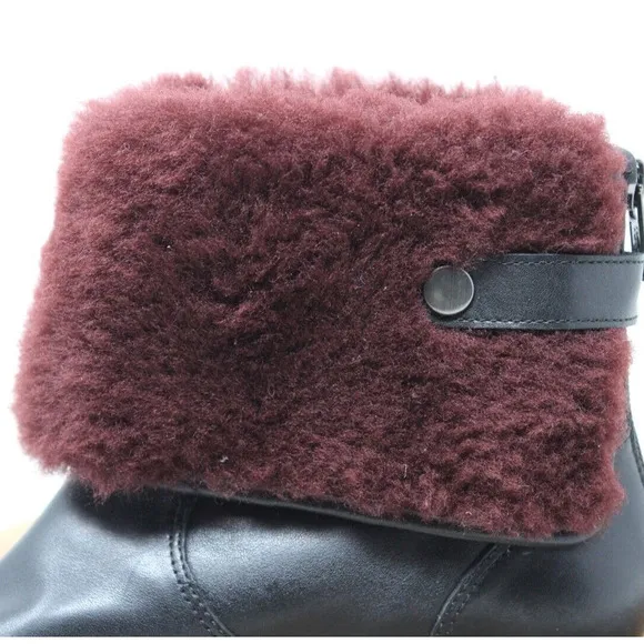 UGG Inez Boots Womens 7 Black Maroon Leather‎ Ankle Sherling Buckle Adjustable