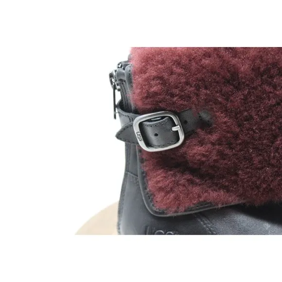 UGG Inez Boots Womens 7 Black Maroon Leather‎ Ankle Sherling Buckle Adjustable