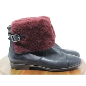 UGG Inez Boots Womens 7 Black Maroon Leather‎ Ankle Sherling Buckle Adjustable