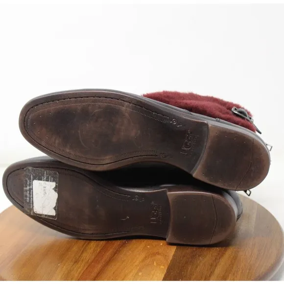 UGG Inez Boots Womens 7 Black Maroon Leather‎ Ankle Sherling Buckle Adjustable