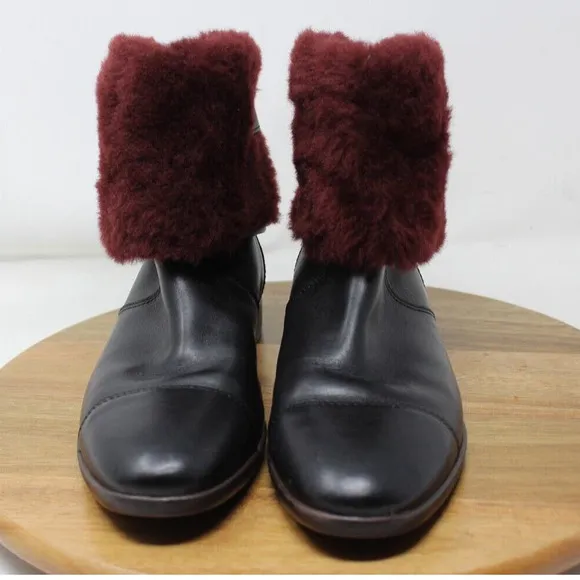 UGG Inez Boots Womens 7 Black Maroon Leather‎ Ankle Sherling Buckle Adjustable