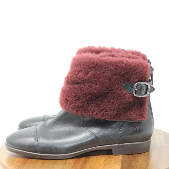 UGG Inez Boots Womens 7 Black Maroon Leather‎ Ankle Sherling Buckle Adjustable