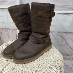 UGG Kensington Brown Leather Lined Biker Size 8 pull on Boots