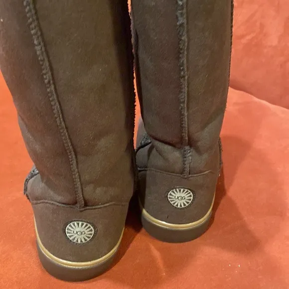 UGG new sheepskin brown leather tall pull on boots size 9.