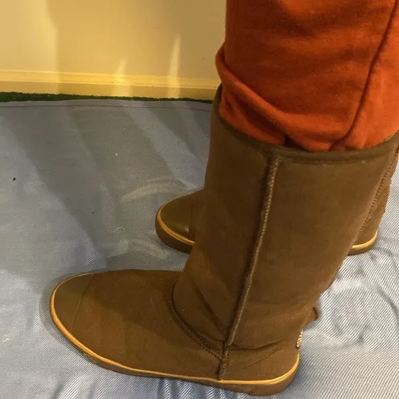 UGG new sheepskin brown leather tall pull on boots size 9.