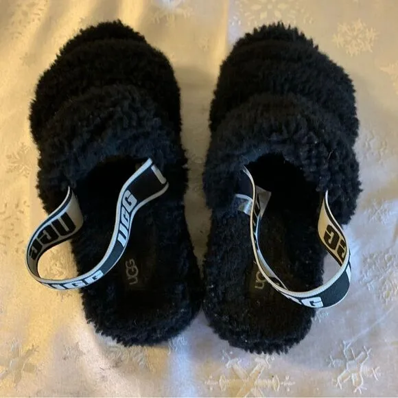 UGG Platform Sandals Black Shearling Great Soles Stretch Strap Sz 8 Gorgeous