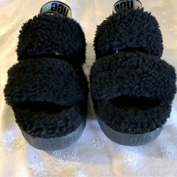 UGG Platform Sandals Black Shearling Great Soles Stretch Strap Sz 8 Gorgeous