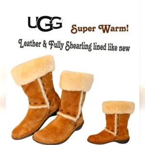 UGG Womens Size 12 43 Elijo Chestnut Suede Shearling Pull On Cuffed Boots