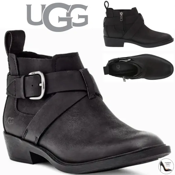 UGG Wylma Black Oiled Leather Moto Booties 1113422 Buckle Western Ankle Boots 7