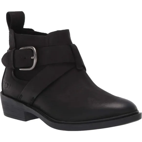 UGG Wylma Black Oiled Leather Moto Booties 1113422 Buckle Western Ankle Boots 7
