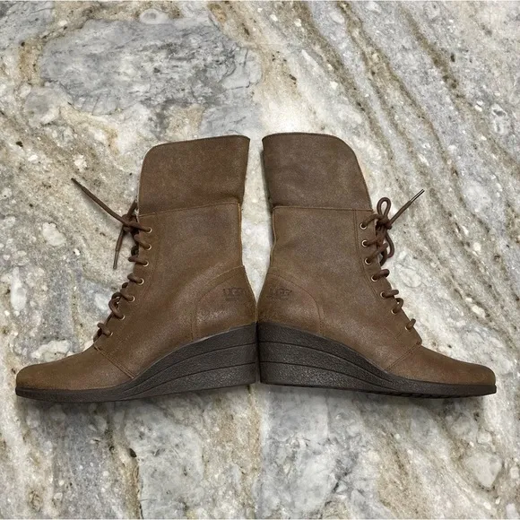 UGG Zea Brown Leather Wedge Boots Women's 9