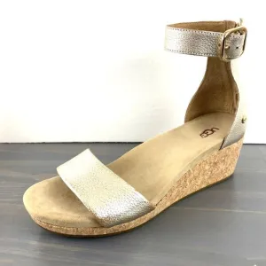 UGG Zoe II Metallic Leather Cork Wedge Sandals Women Size 9.5 Ankle Strap