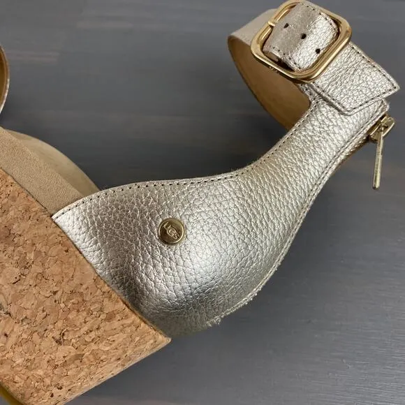 UGG Zoe II Metallic Leather Cork Wedge Sandals Women Size 9.5 Ankle Strap