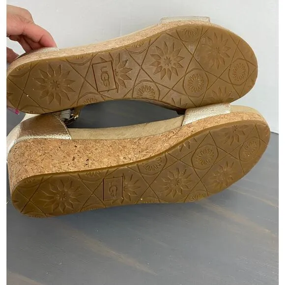 UGG Zoe II Metallic Leather Cork Wedge Sandals Women Size 9.5 Ankle Strap