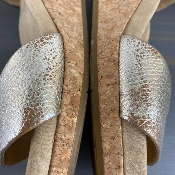 UGG Zoe II Metallic Leather Cork Wedge Sandals Women Size 9.5 Ankle Strap