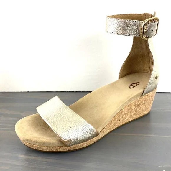 UGG Zoe II Metallic Leather Cork Wedge Sandals Women Size 9.5 Ankle Strap