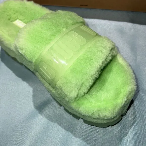 UGG Fluffita Clear Lime Green Sheepskin Fluffy Sandals