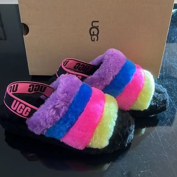 UGG Fluff yeah faux fur slingback colorful sandals 7