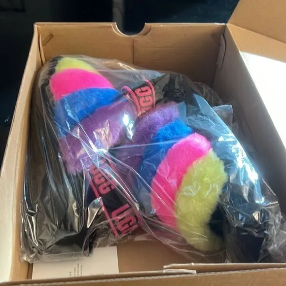 UGG Fluff yeah faux fur slingback colorful sandals 7