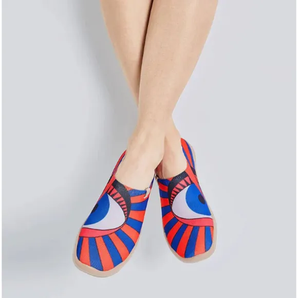 UIN Eye of Sun Loafer Shoes Womens 7 Red Blue Knitted Art Comfort Casual Travel
