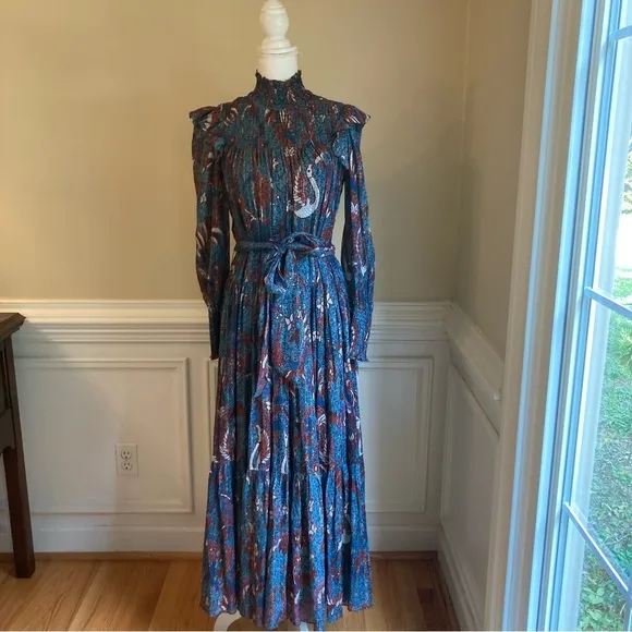 ULLA JOHNSON Azul Birds of Paradise Print Ruffle Silk Cotton Long Sleeve Dress