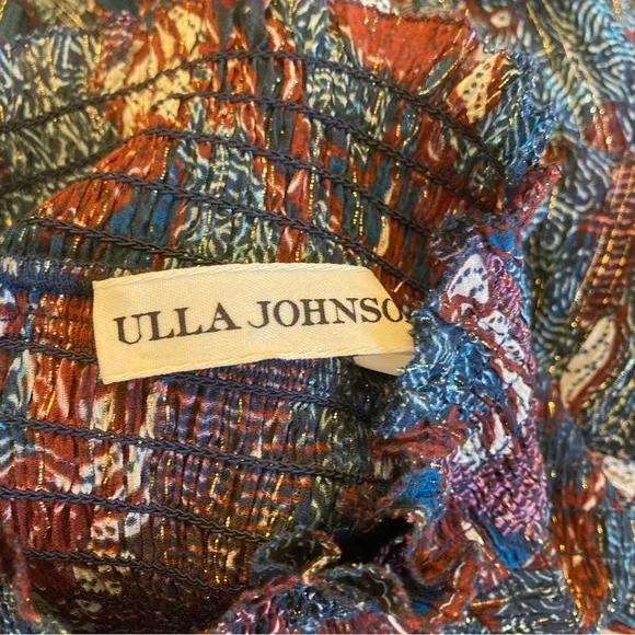 ULLA JOHNSON Azul Birds of Paradise Print Ruffle Silk Cotton Long Sleeve Dress