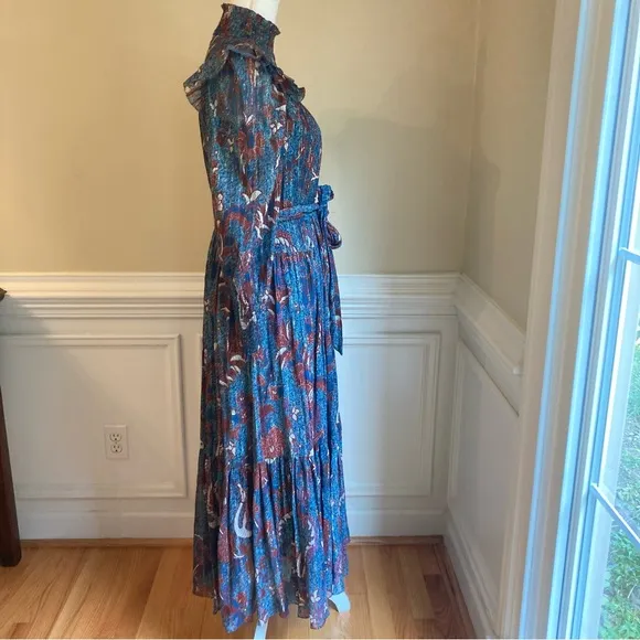 ULLA JOHNSON Azul Birds of Paradise Print Ruffle Silk Cotton Long Sleeve Dress
