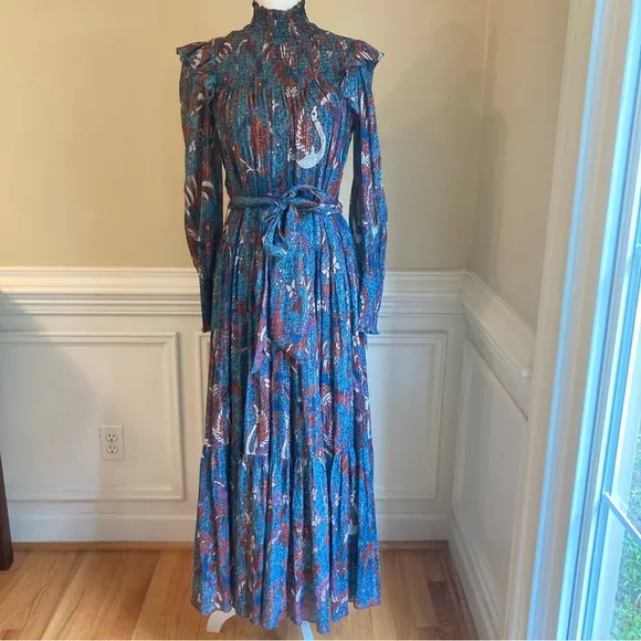 ULLA JOHNSON Azul Birds of Paradise Print Ruffle Silk Cotton Long Sleeve Dress