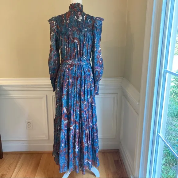 ULLA JOHNSON Azul Birds of Paradise Print Ruffle Silk Cotton Long Sleeve Dress