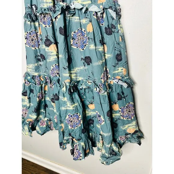 ULLA JOHNSON Green Lune Floral Tiered Ruffled Tied Straps Midi Dress Size 0