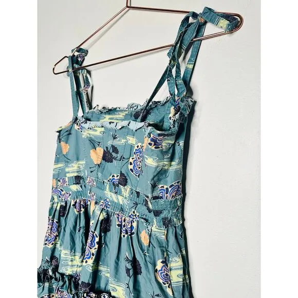 ULLA JOHNSON Green Lune Floral Tiered Ruffled Tied Straps Midi Dress Size 0