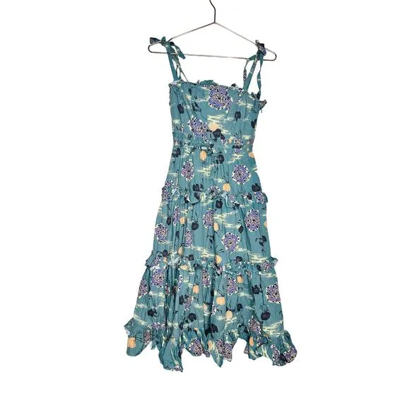 ULLA JOHNSON Green Lune Floral Tiered Ruffled Tied Straps Midi Dress Size 0