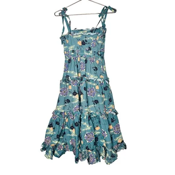 ULLA JOHNSON Green Lune Floral Tiered Ruffled Tied Straps Midi Dress Size 0