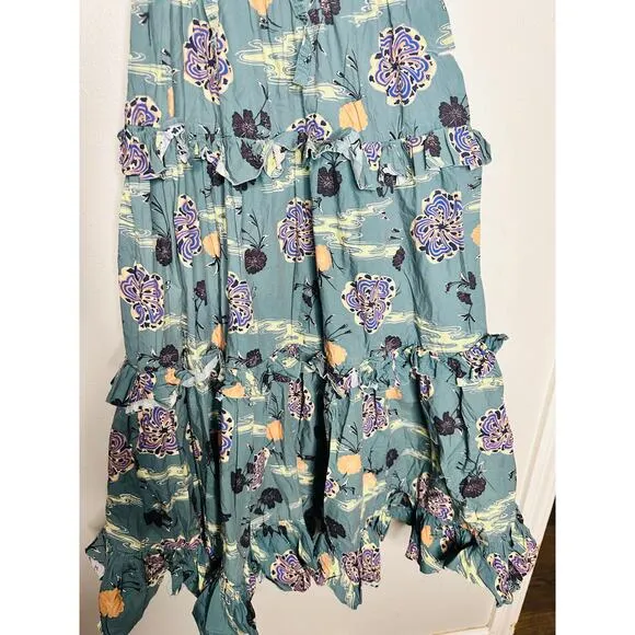 ULLA JOHNSON Green Lune Floral Tiered Ruffled Tied Straps Midi Dress Size 0