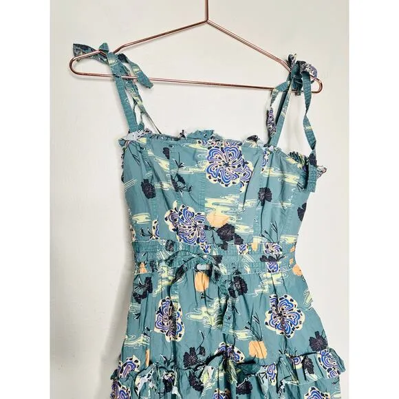 ULLA JOHNSON Green Lune Floral Tiered Ruffled Tied Straps Midi Dress Size 0