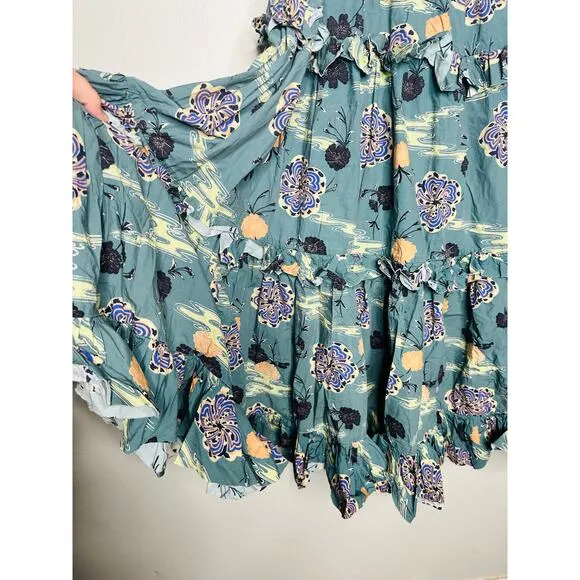 ULLA JOHNSON Green Lune Floral Tiered Ruffled Tied Straps Midi Dress Size 0