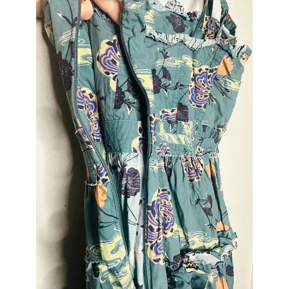 ULLA JOHNSON Green Lune Floral Tiered Ruffled Tied Straps Midi Dress Size 0
