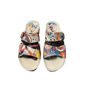 Unbranded Colorful Pop Art Women's Leather Wedge Slide Sandals Size 8 NWOT