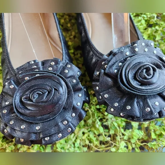 VALENTINO Black Luxe Leather Ornate Silver Studs Rosette Toes Ballet Flats Shoes