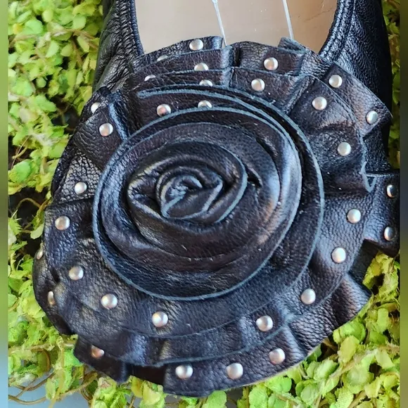 VALENTINO Black Luxe Leather Ornate Silver Studs Rosette Toes Ballet Flats Shoes