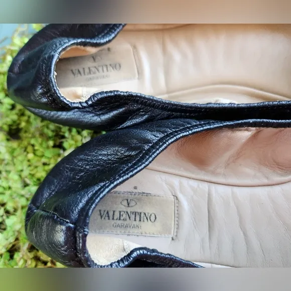 VALENTINO Black Luxe Leather Ornate Silver Studs Rosette Toes Ballet Flats Shoes