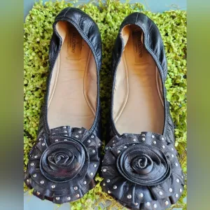 VALENTINO Black Luxe Leather Ornate Silver Studs Rosette Toes Ballet Flats Shoes