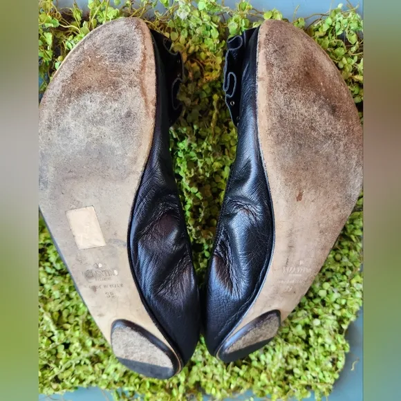 VALENTINO Black Luxe Leather Ornate Silver Studs Rosette Toes Ballet Flats Shoes