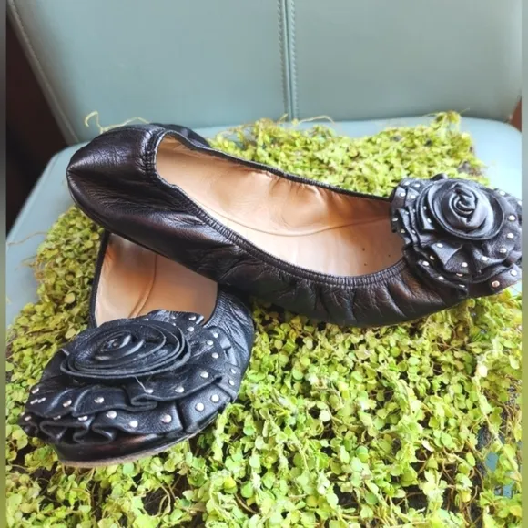VALENTINO Black Luxe Leather Ornate Silver Studs Rosette Toes Ballet Flats Shoes